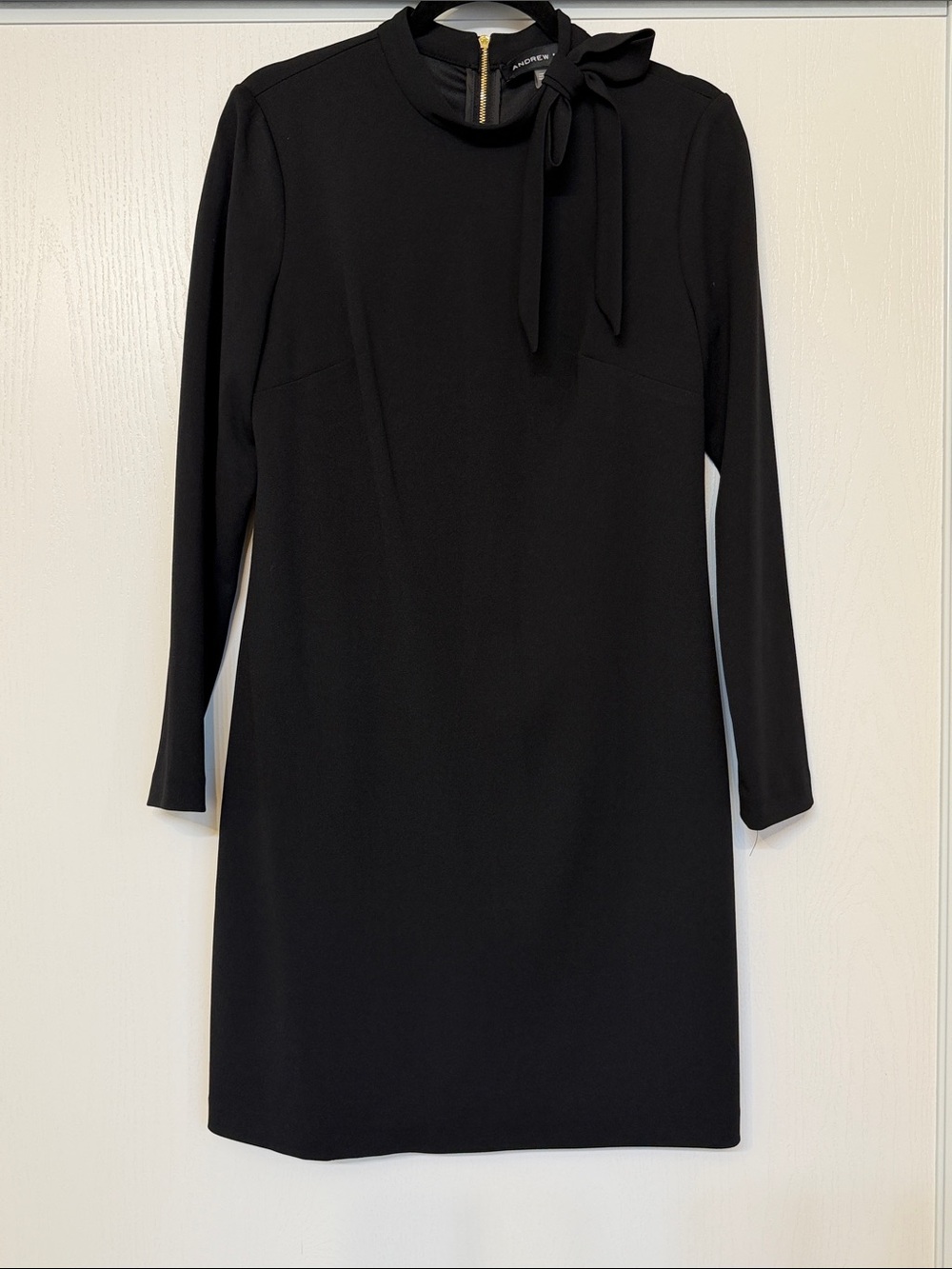 Andrew Marc Black Tie-Neck Long Sleeve Sheath Dress